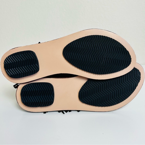 Black Suede Fringe Ankle Zip Up Brown Sole Sandals - Picture 6 of 16